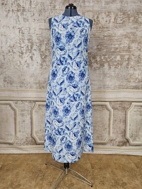 Vintage 1990s Old Navy Floral Dress M Column Maxi 90s Blue White Sundress
